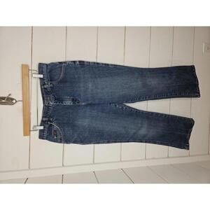 Lee size 12 blue distressed denim crop & subtle flare jeans.